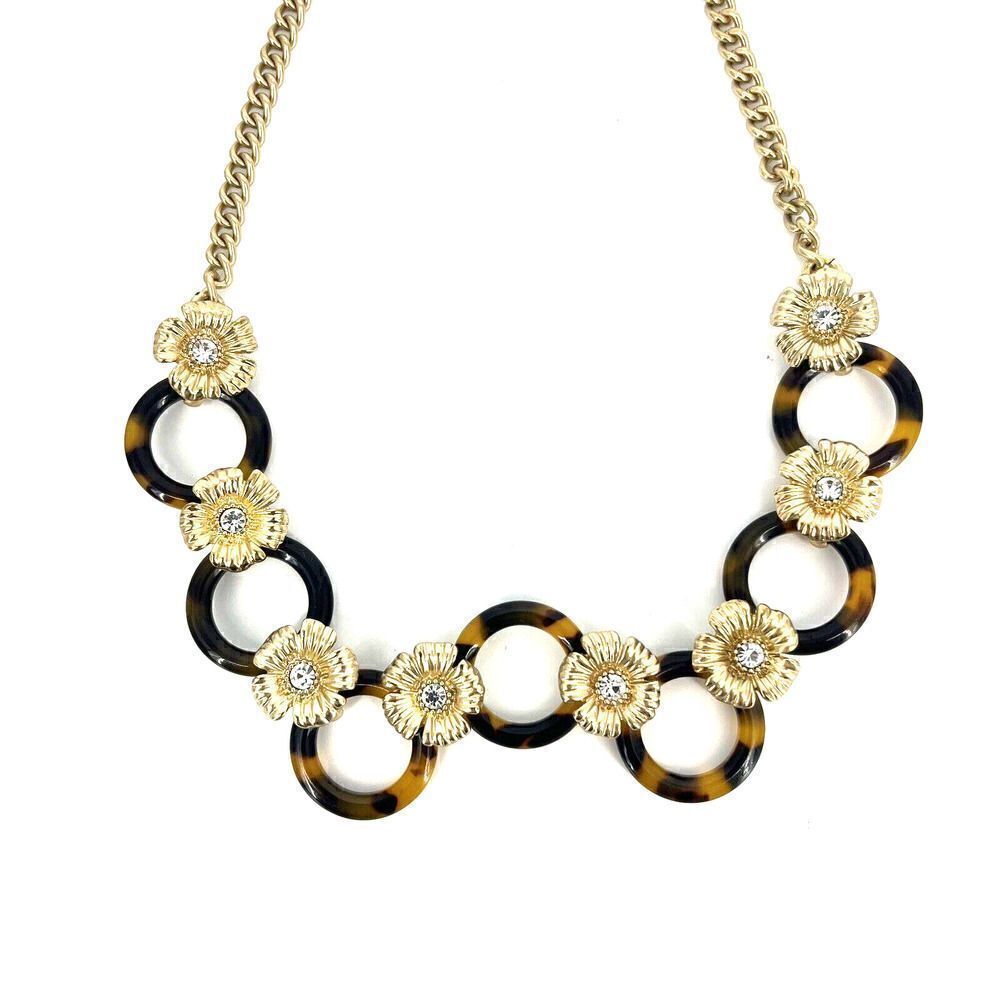 J Crew Necklace Tortoise Shell Statement Gold Flowers Rhinestone Link Chain - Picture 2 of 4